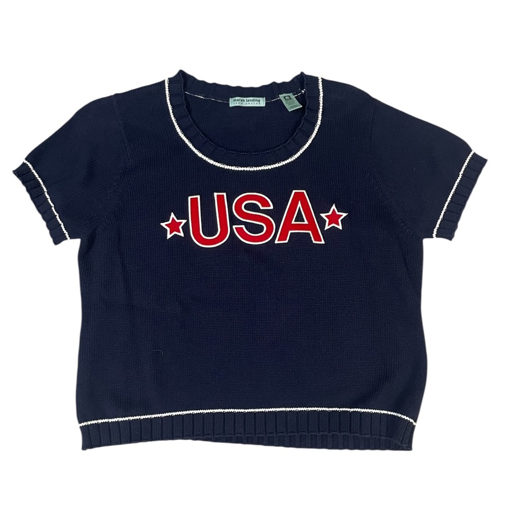 Marsh Landing Navy USA Sweater Short Sleeve Crew Neck Americana Size Large